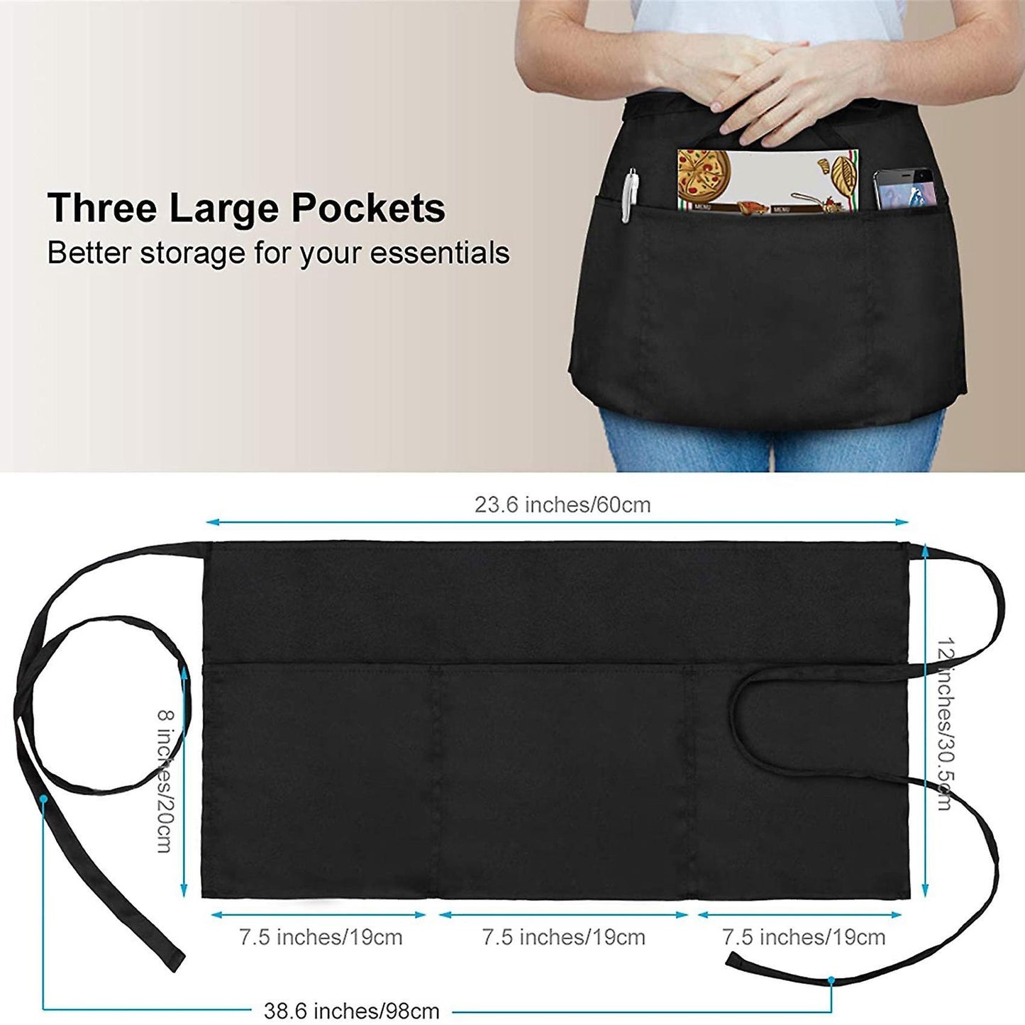 3 Waitress Aprons, Waiter Server Waist Aprons for Women Men, Black