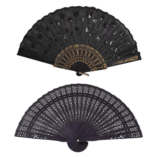 Black Plastic Frame Embroidery Floral Detail Folding Hand Fan