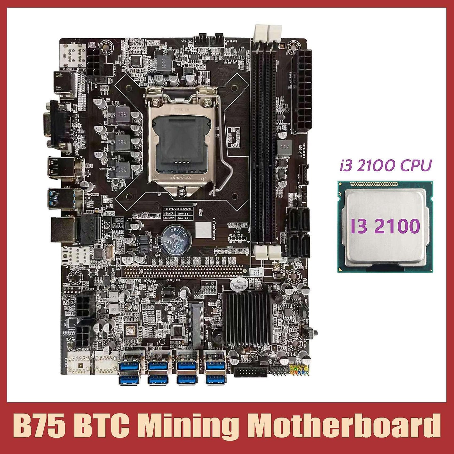 B75 Btc Mining Motherboard+i3 2100 Cpu Lga1155 8xpcie Usb Adapter