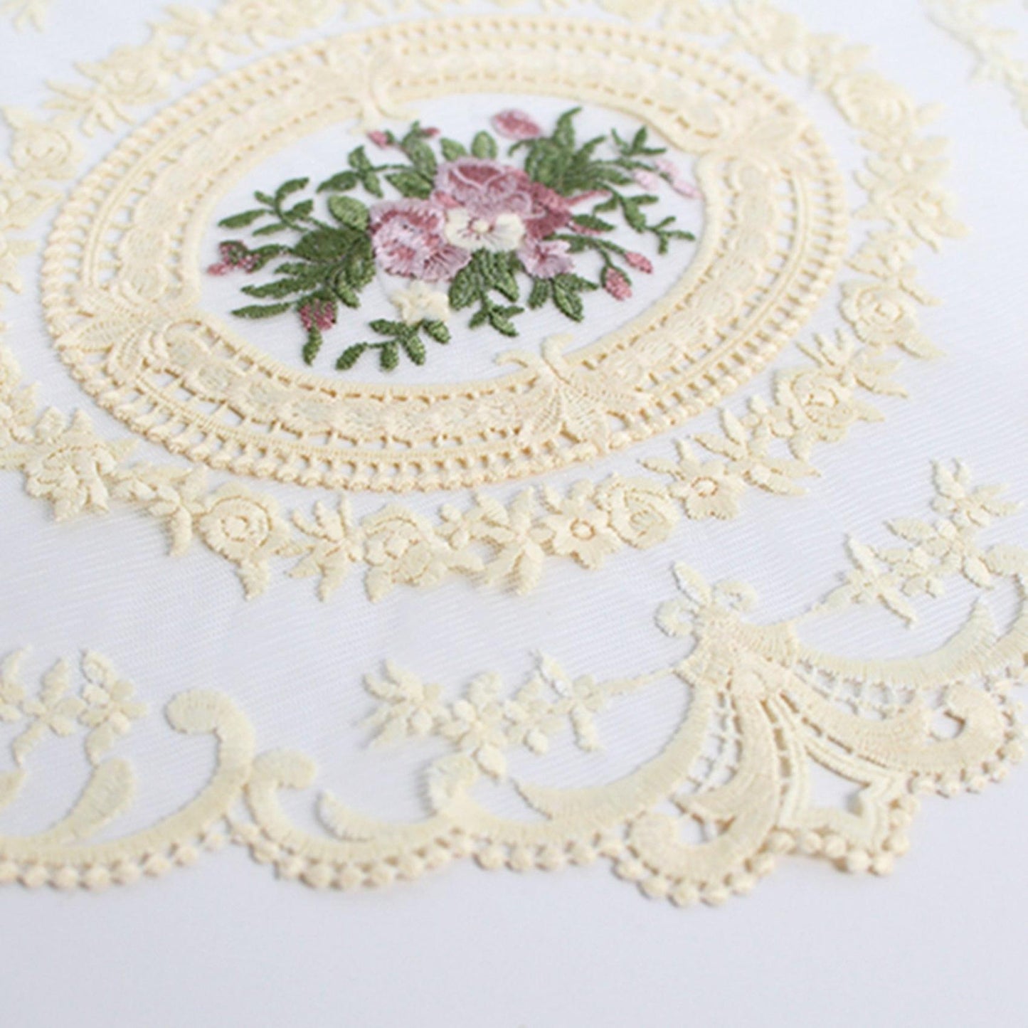 2x European Oval Embroidered Lace Fabric Transparent Table Mat Beige