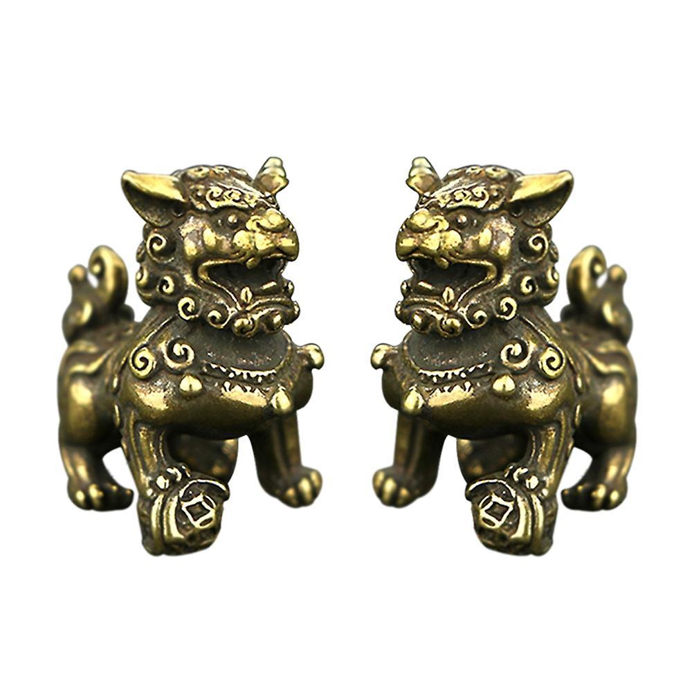 1 Pair Desktop Ornaments Lucky Brass Lion Statue Feng Shui Decoration