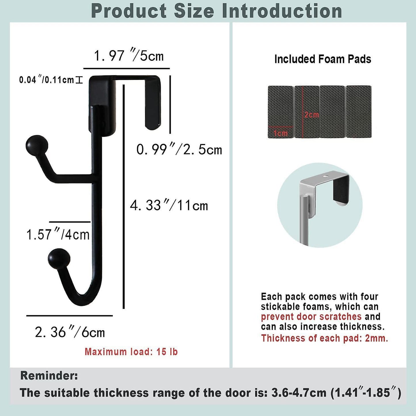 2 Pack Over The Door Hooks Hanger, Sturdy Metal Double Hook, Black