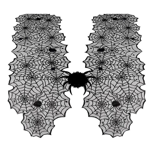 2pcs Halloween Table Runner Lace Black Spider Web Linens Polyester