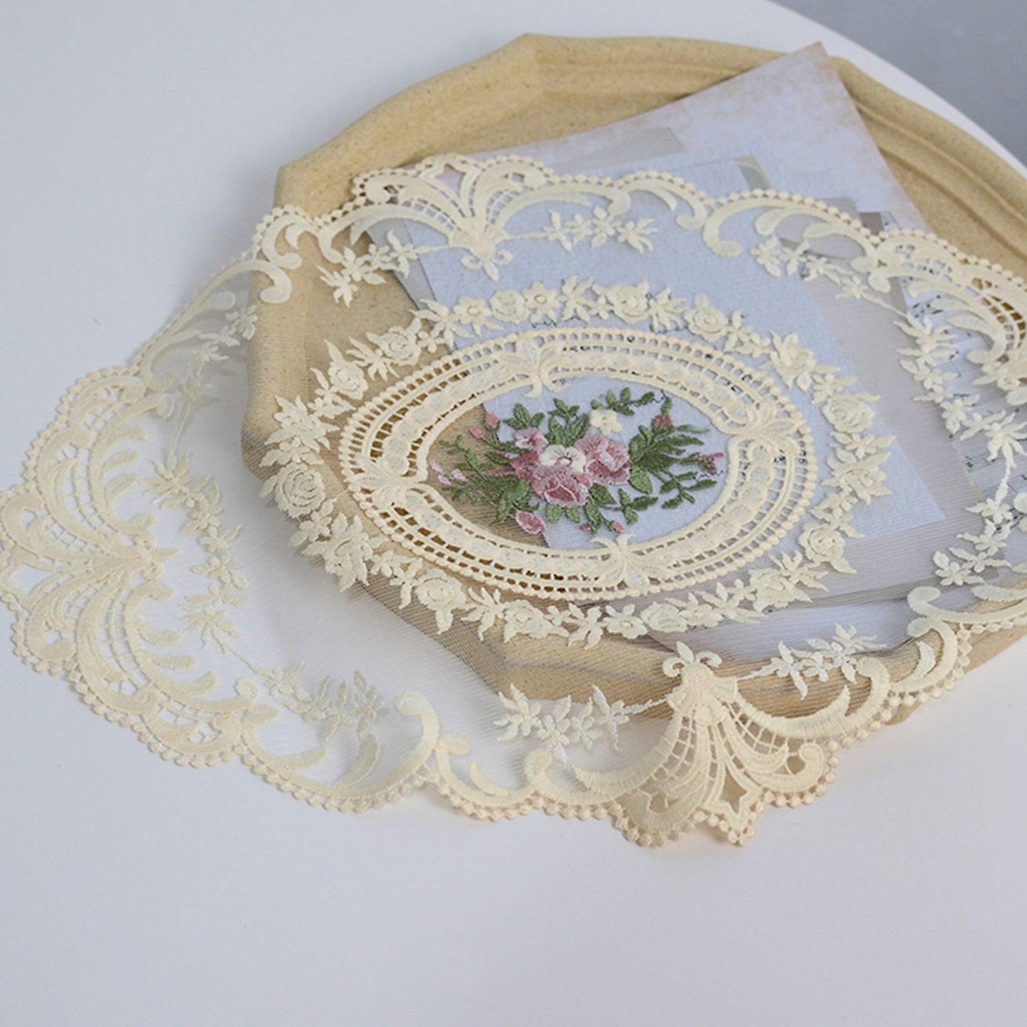 2x European Oval Embroidered Lace Fabric Transparent Table Mat Beige