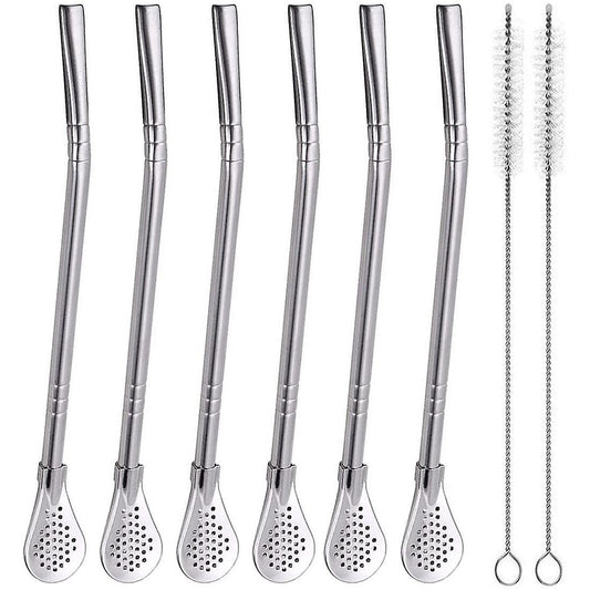 Stainless Steel Straw with Filter Spoon with 2 Pieces Brush Set