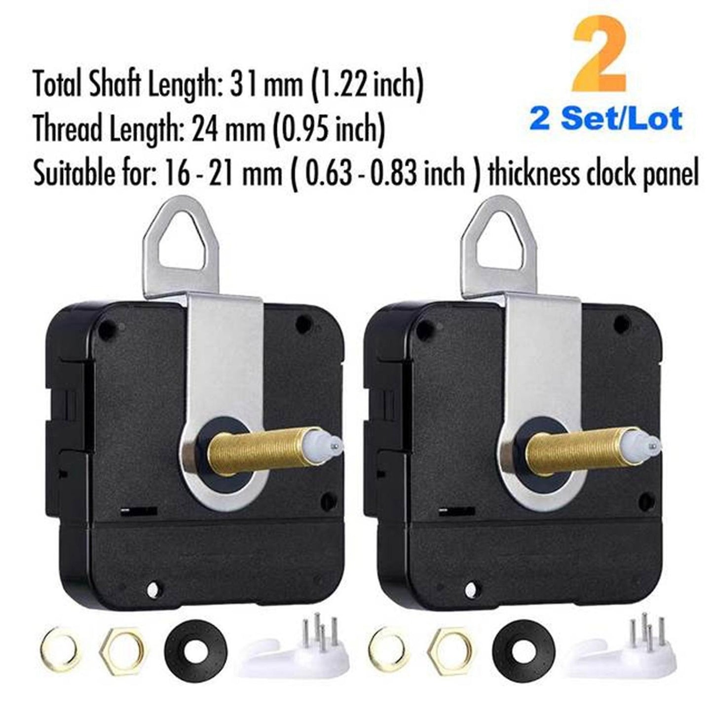 2pc Long Shaft Non-ticking Quartz Diy Wall Clock Decor Timepiece 24mm