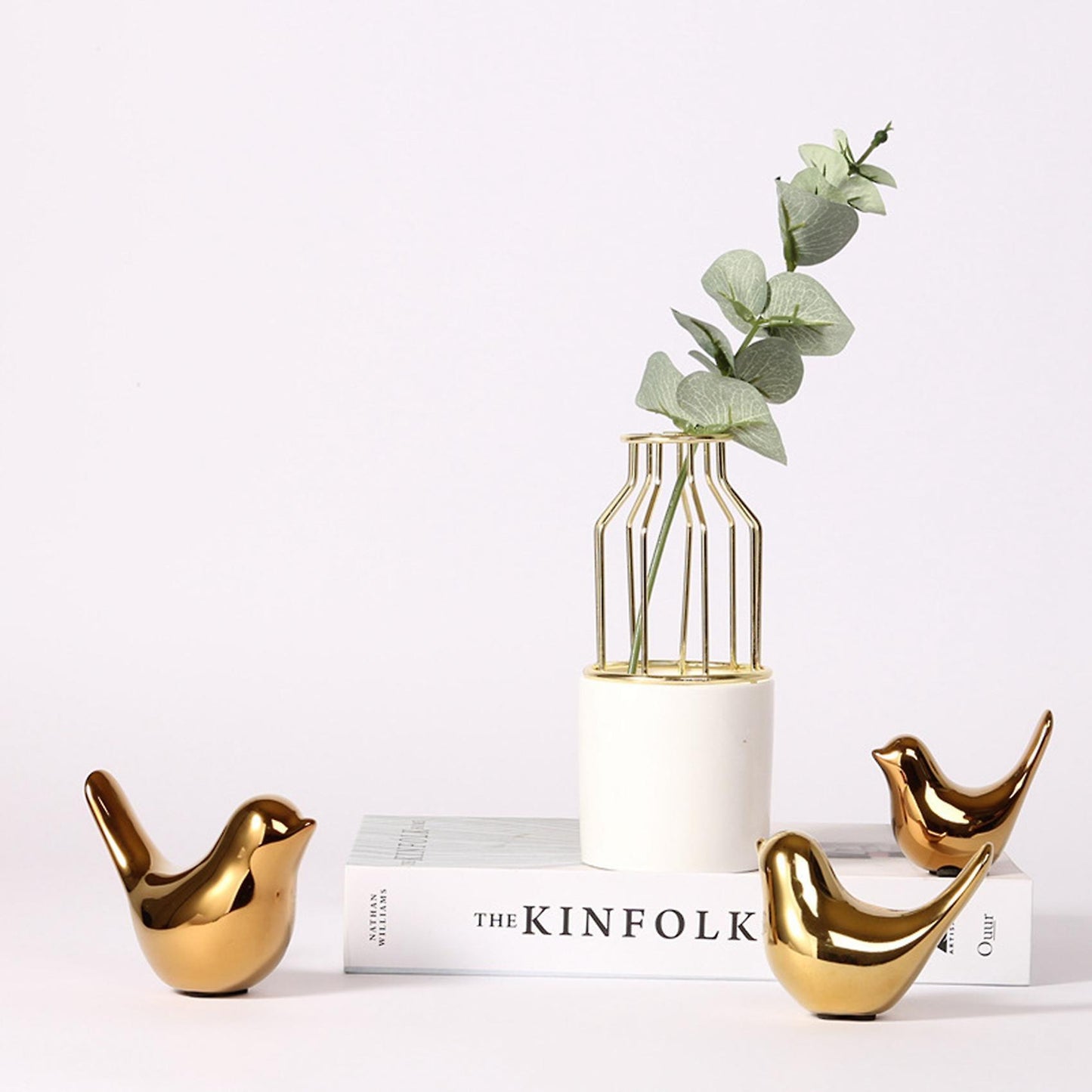 2x Polar House Golden Bird Figurines Modern Ceramic Bird Statues -m
