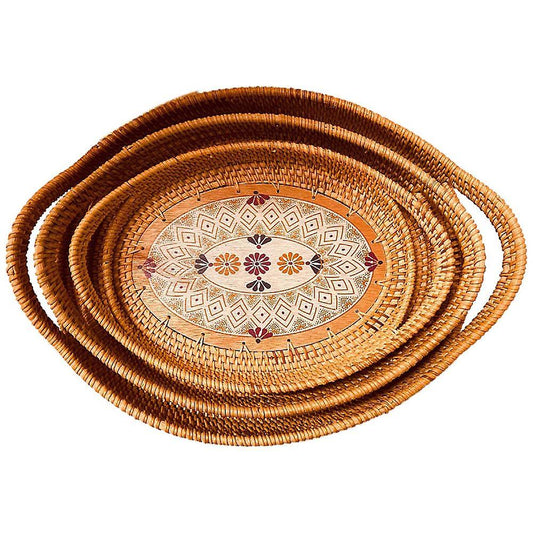 3pcs/set Handmade Woven Rattan Food Basket Fruit Plate Tea Fruit Tray