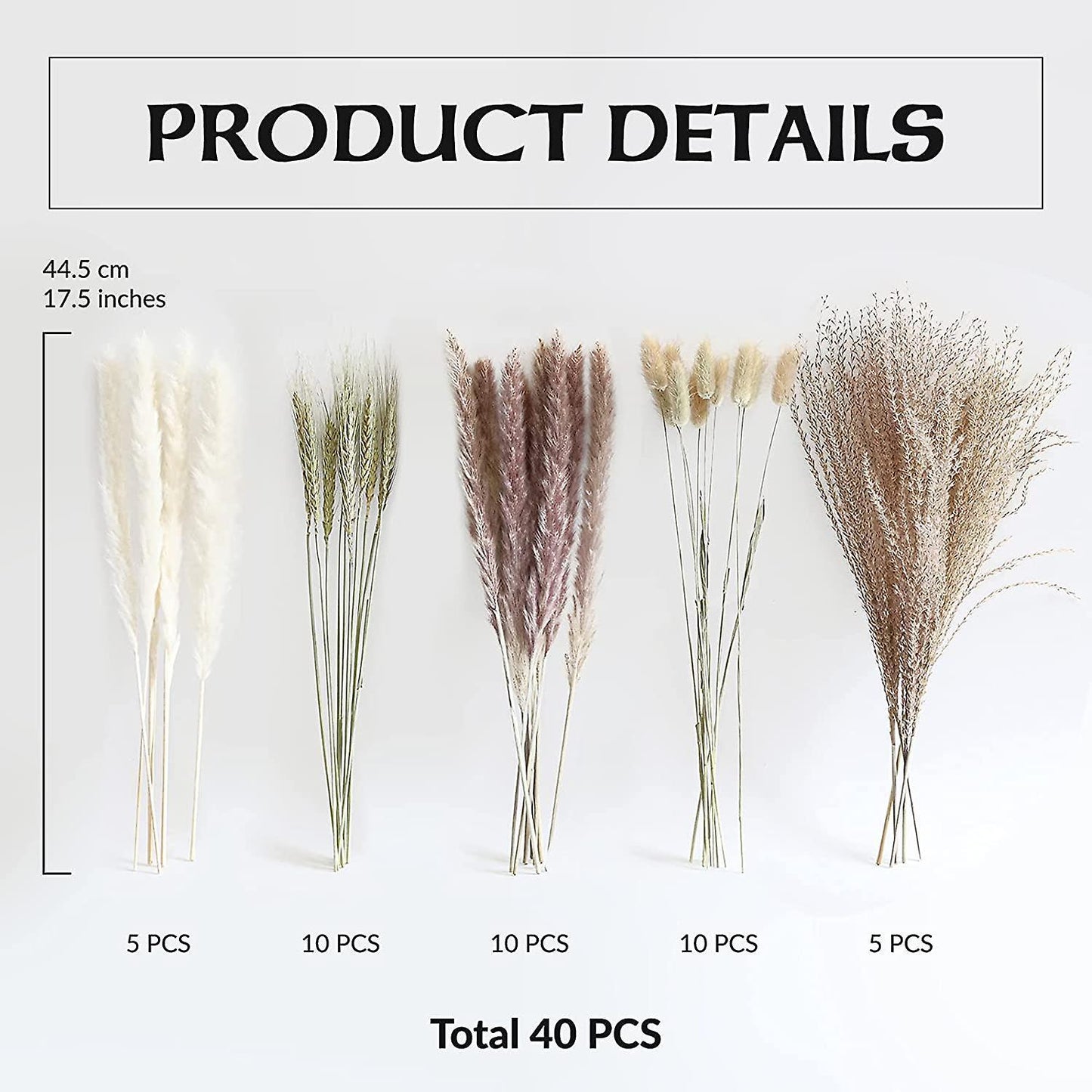 40pieces 45cm Natural Dried White Bunny Dust Pampas Grass Plant Decor