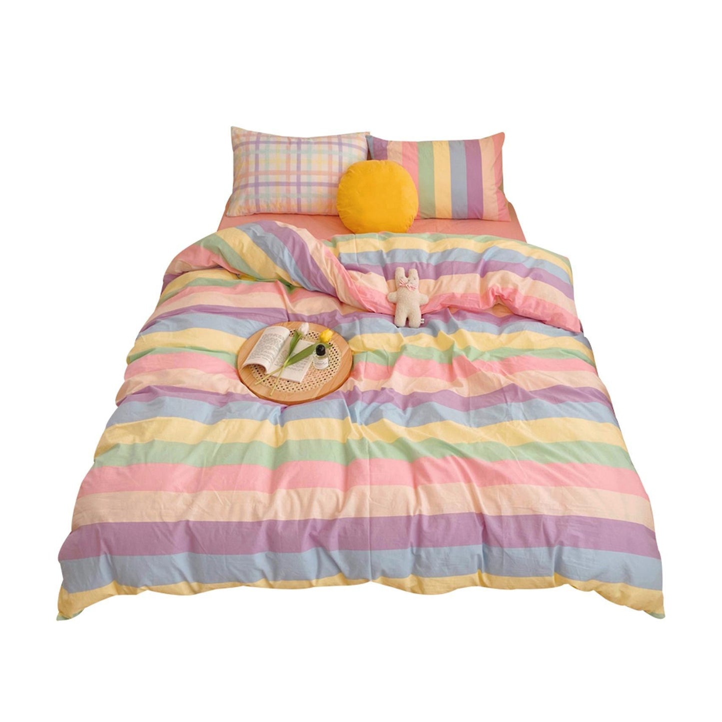 Set Of 4 Colorful Stripes Cover,cotton Rainbow Cute Bedding Set