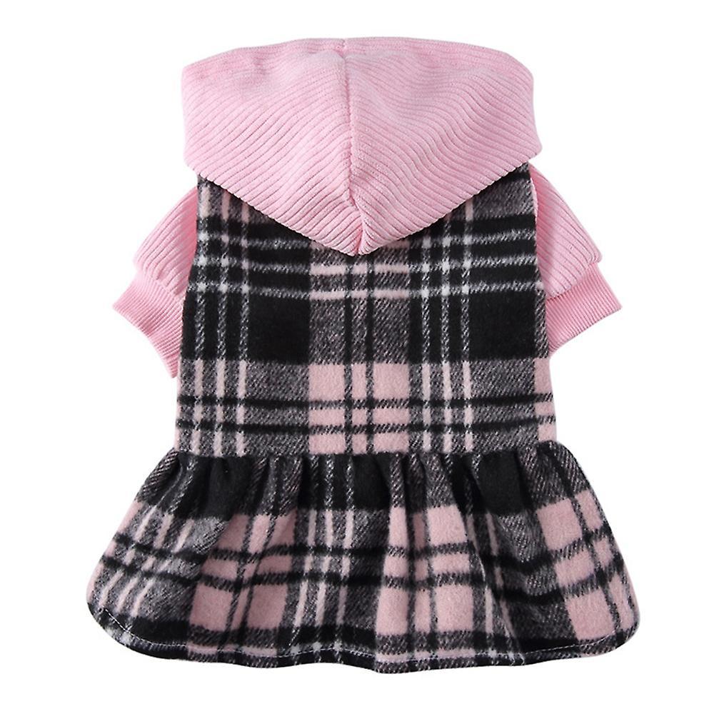 Plaid Dog Hoodie Dress Skirt Outfits with Hat Fall and Winter Pet -l