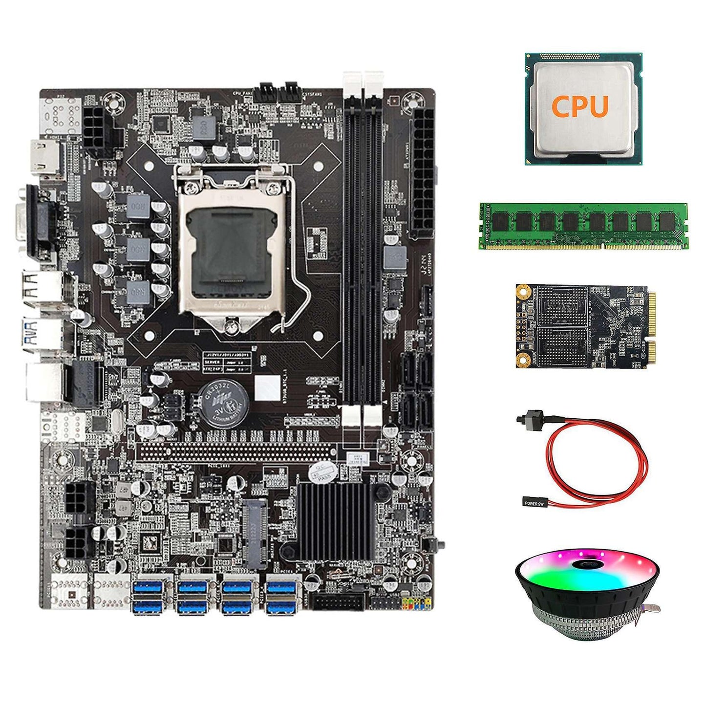 B75 Usb Btc Mining Motherboard+cpu+rgb Fan+ddr3 4gb 1600mhz Ram