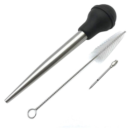 Baster Syringe, Baster with Brush and Needles, Stainless Steel, Black