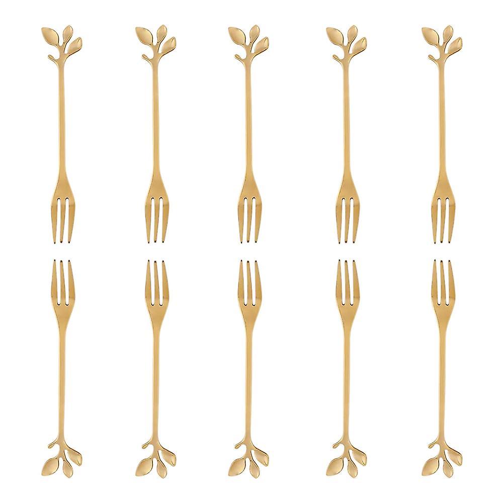 10 Pcs Stainless Steel Leaf Cake Fruit Forks Set Dessert Forks Golden