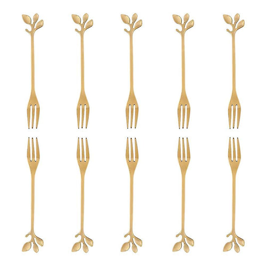 10 Pcs Stainless Steel Leaf Cake Fruit Forks Set Dessert Forks Golden