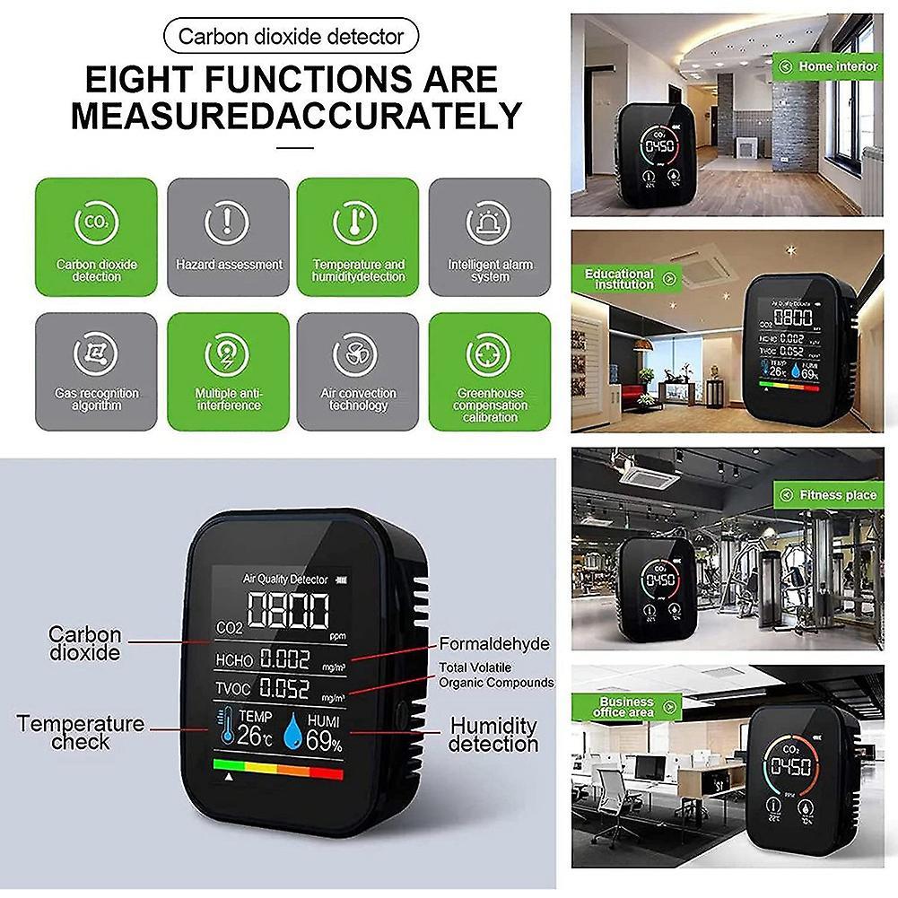 5 In 1 Co2 Meter Digital Temperature Humidity Sensor Tester Black