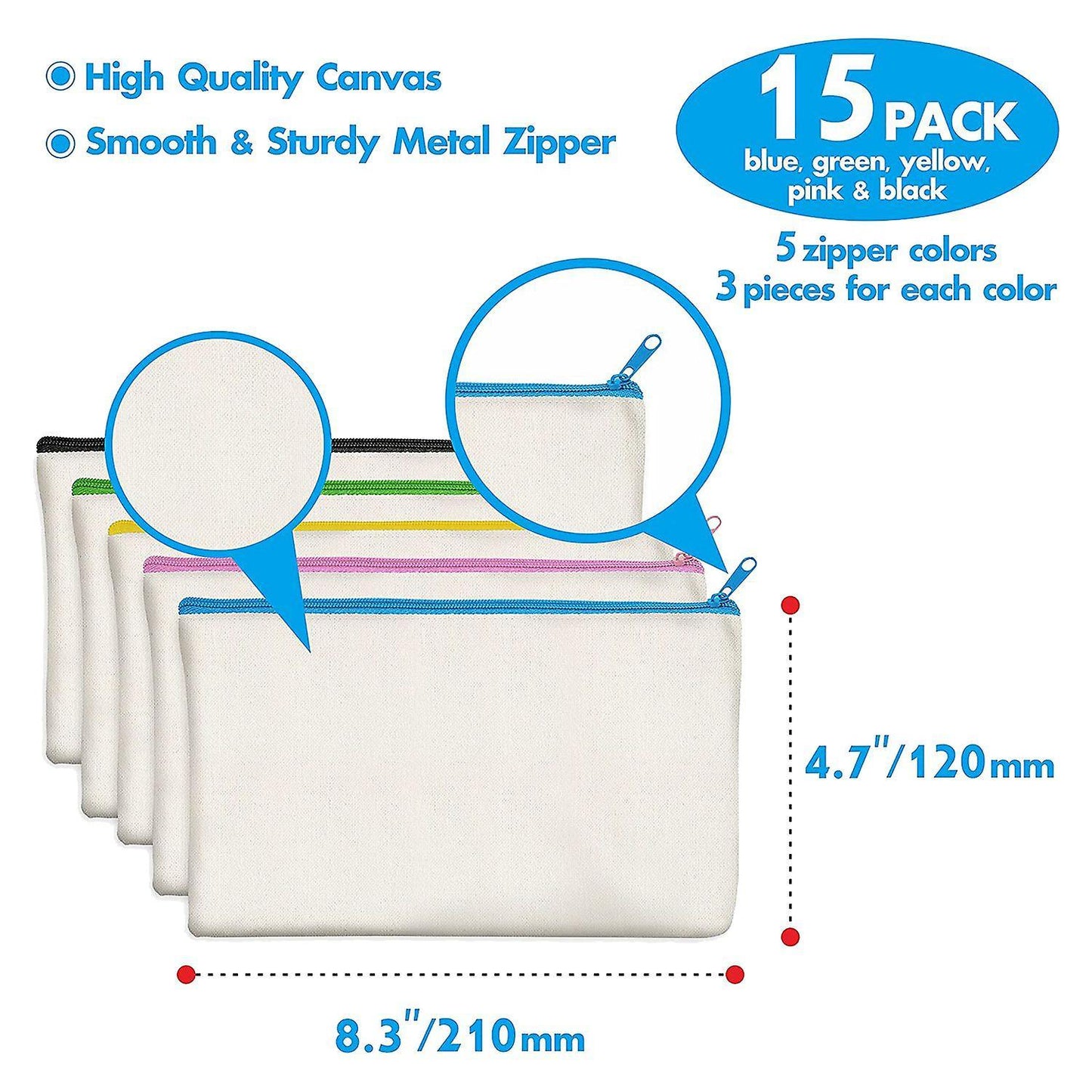 15 Pack Blank Diy Zipper Bags for Makeup Cosmetic Toiletry Stationary