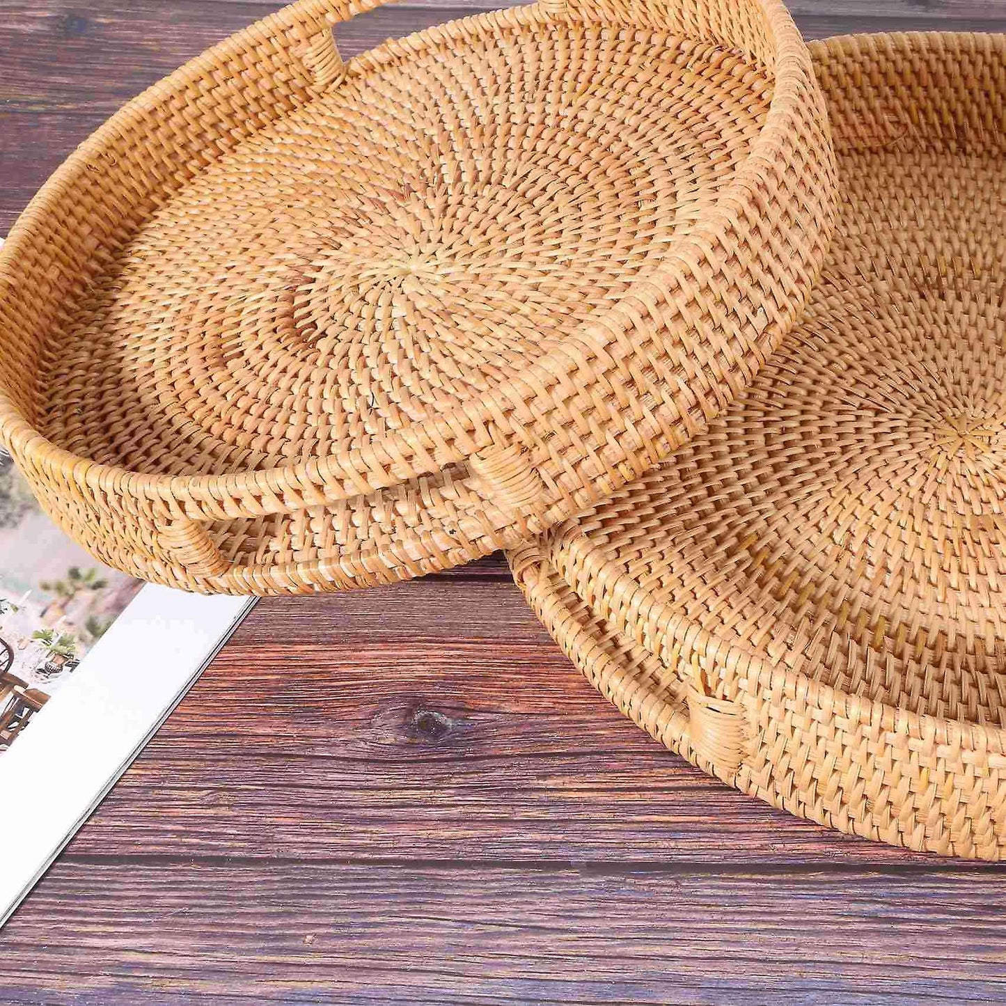 Rattan Handwoven Round High Wall Severing Tray Storage (set Of 4:s+l)
