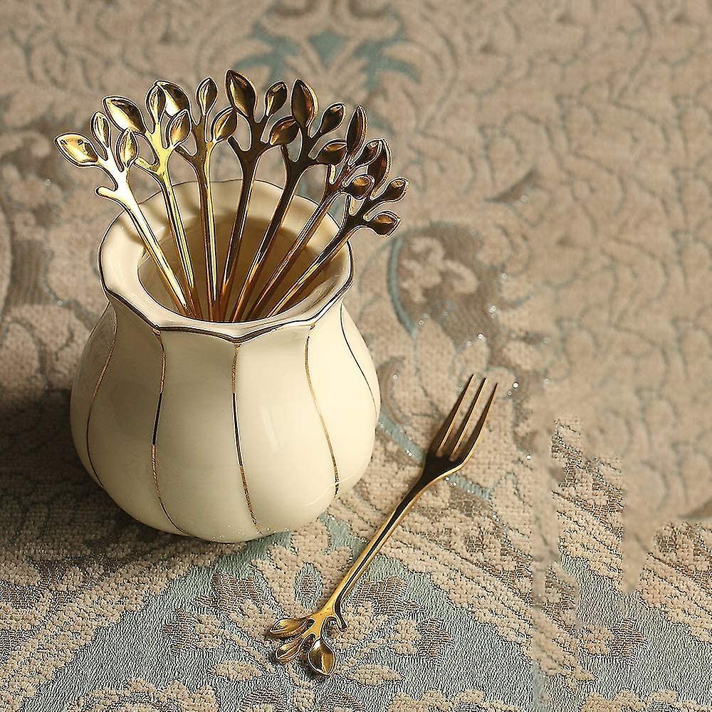 10 Pcs Stainless Steel Leaf Cake Fruit Forks Set Dessert Forks Golden