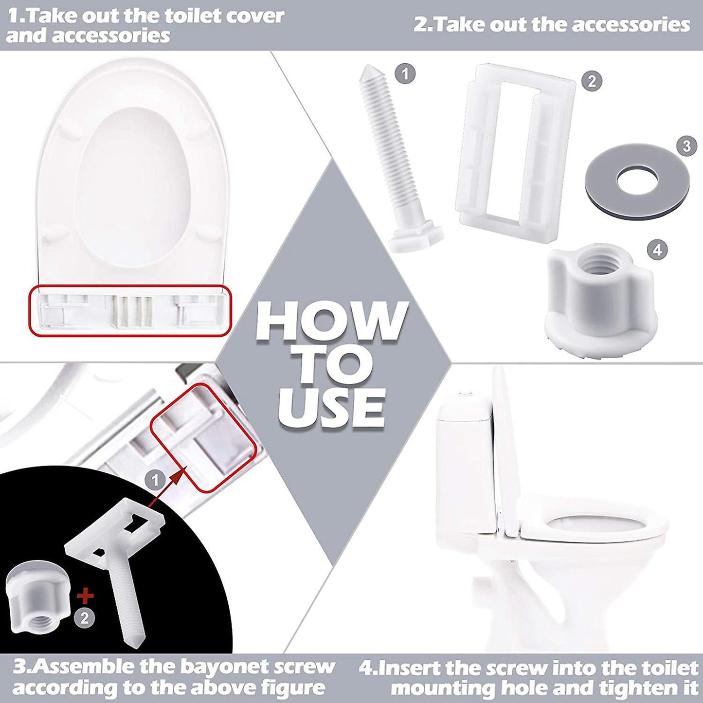 10 Pieces White Plastic Toilet Seat Screws and Nuts with Rubber