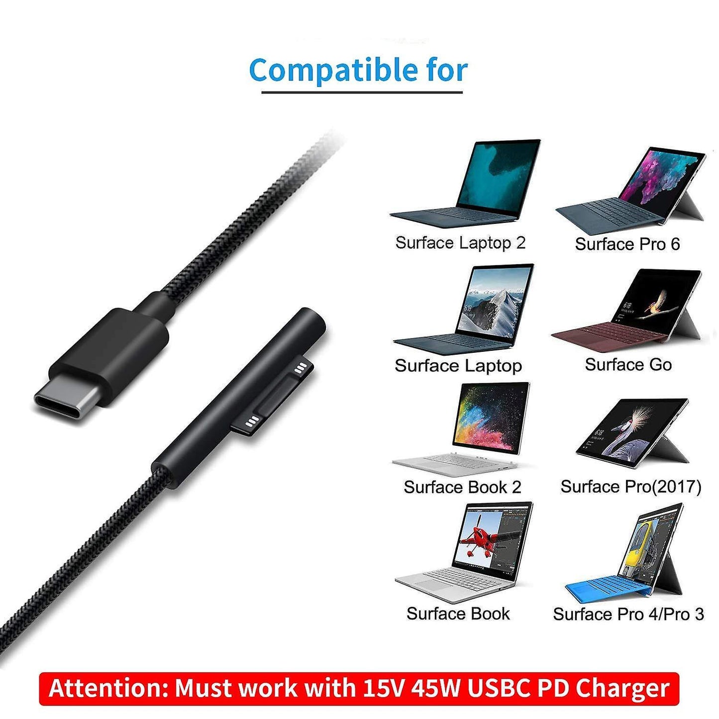 Nylon Braided Usb-c Charging Cable for Surface Pro 6/5/4/3 Surface