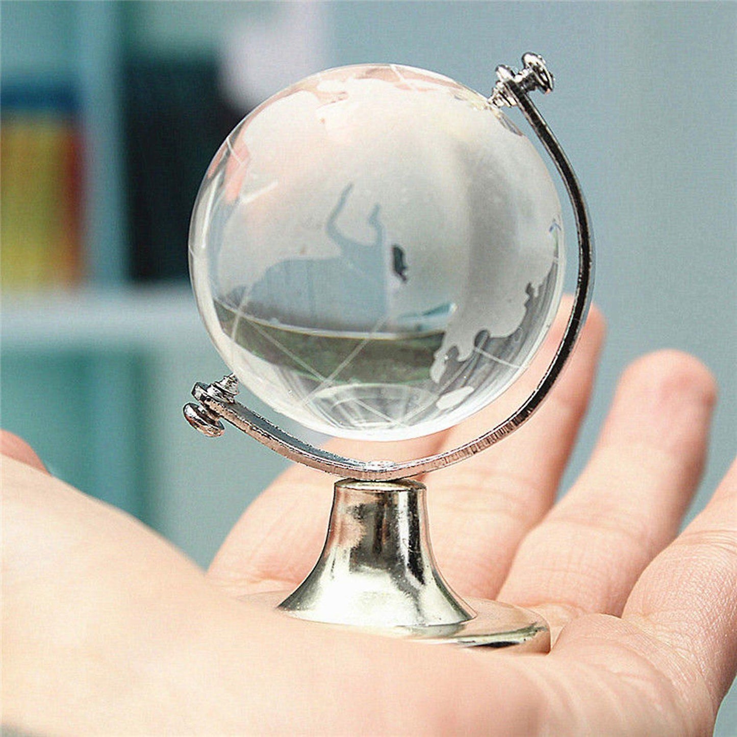 Crystal Glass Frosted World Globe Stand Paperweight Home Decorate