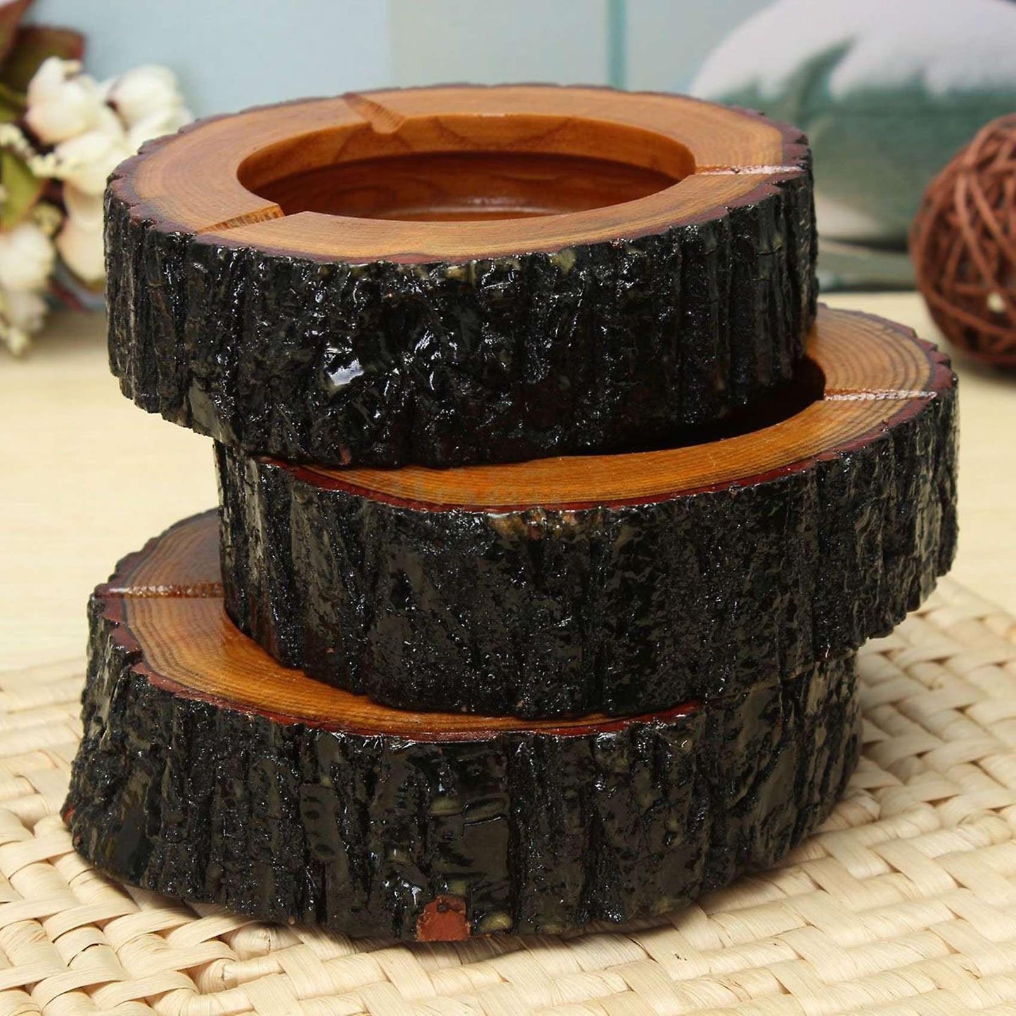 Bois Brun Rond Fumee Cendrier Tabac Porte-cendre De Cigarette 9-10cm