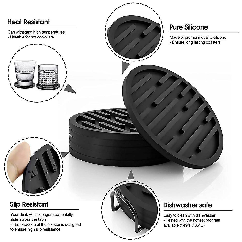Coasters for Drinks, Silicone Coaster Sets Of 6 with Holder, Gray