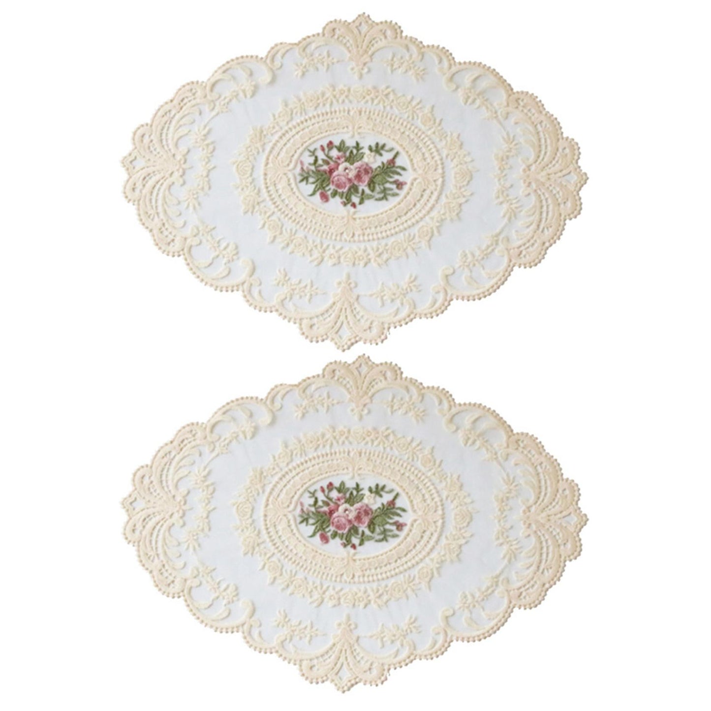 2x European Oval Embroidered Lace Fabric Transparent Table Mat Beige