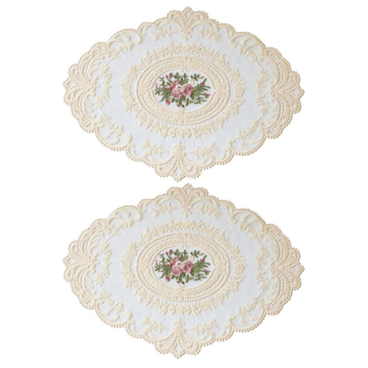 2x European Oval Embroidered Lace Fabric Transparent Table Mat Beige
