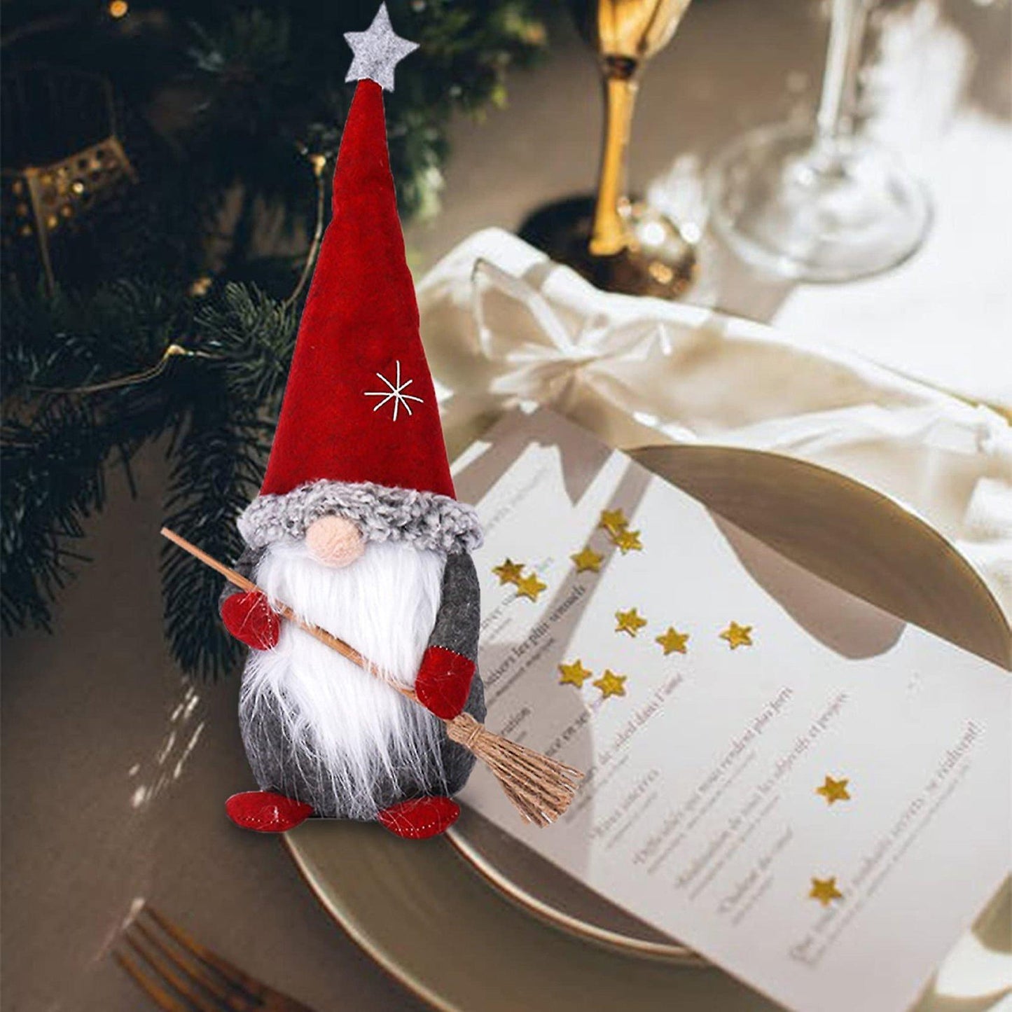 Christmas Decorations Red Broom Santa Doll for Party Desktop Decor A