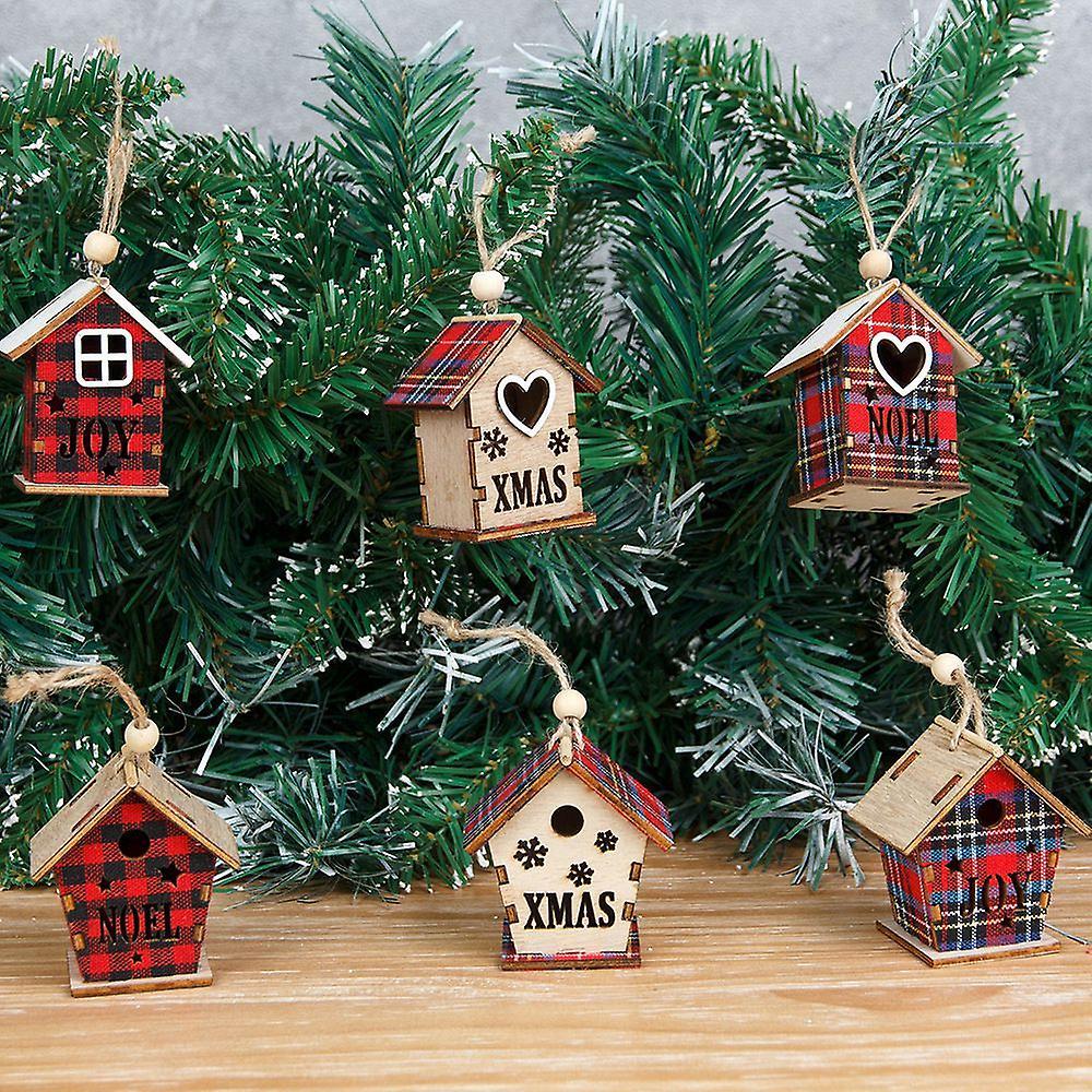 3 Pcs Christmas Hanging Ornament Wooden Cabin Shape Hollow Design , B