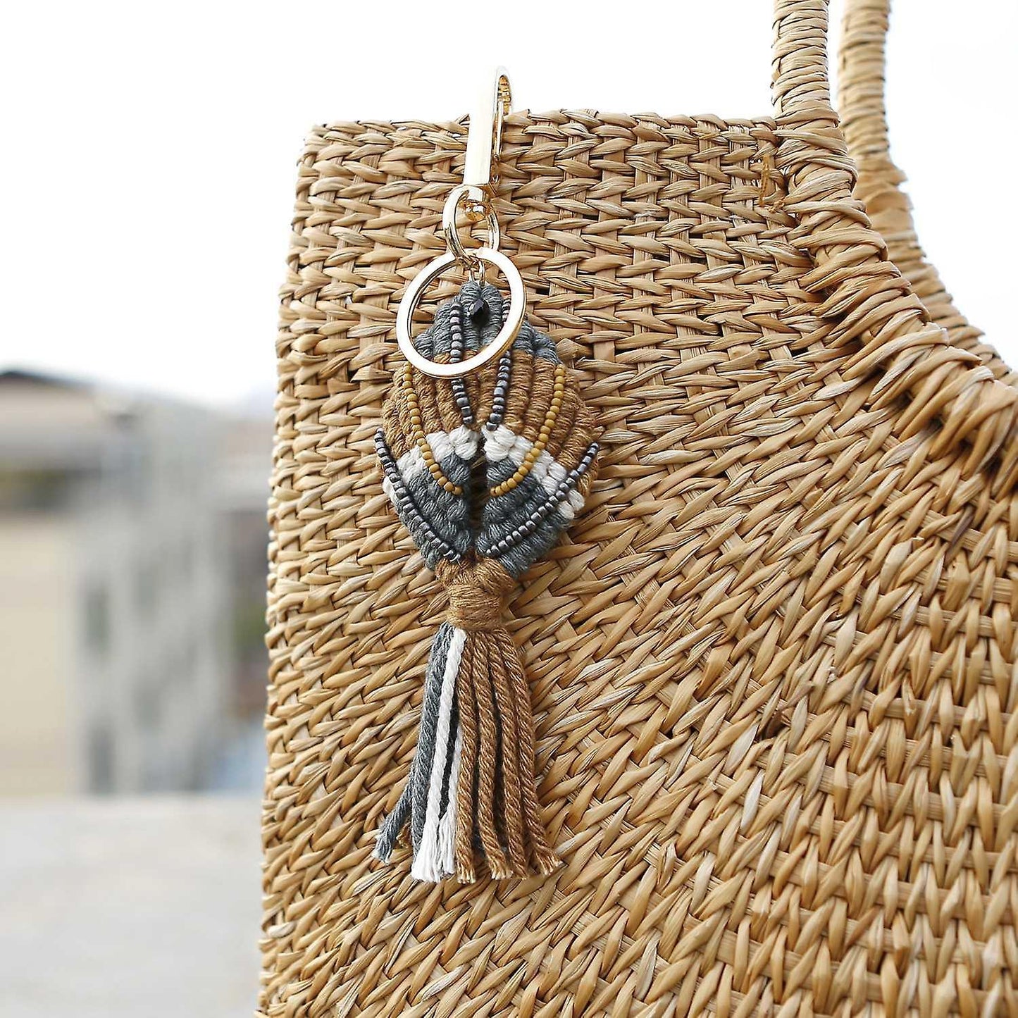 Mixed Seed Beaded Braided Fish Shape Macrame Tassel Keychain, A