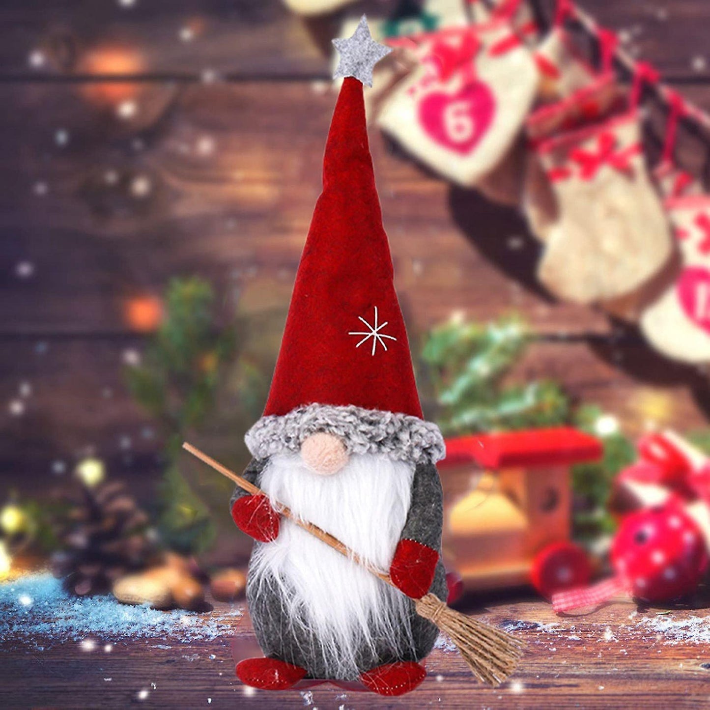 Christmas Decorations Red Broom Santa Doll for Party Desktop Decor A