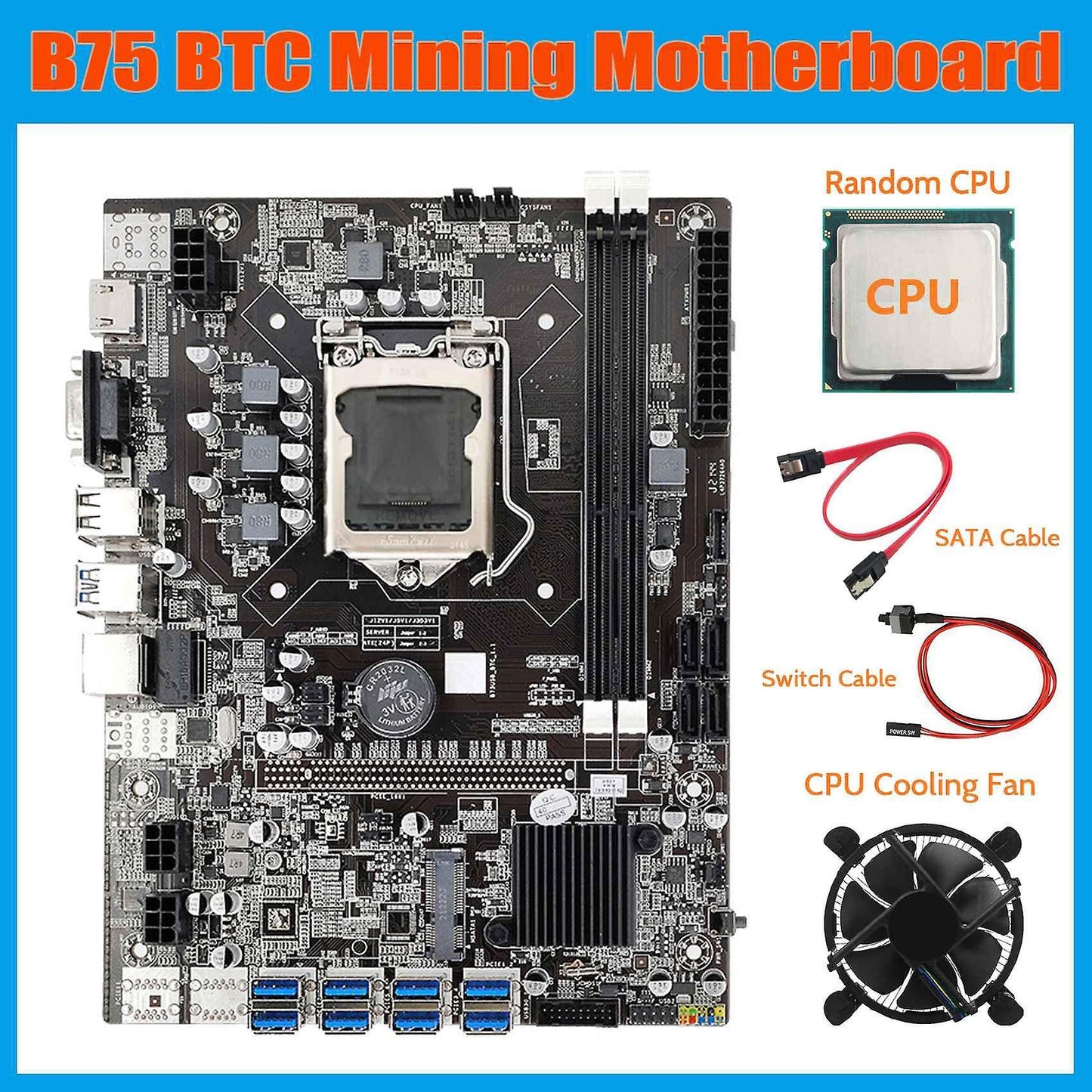 B75 Eth Mining Motherboard+cpu+cooling Fan+sata Cable+switch Cable