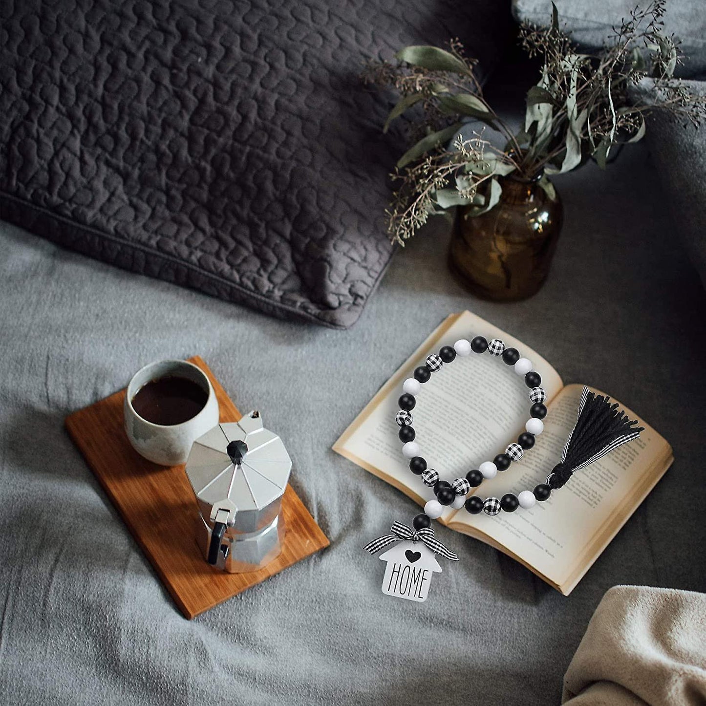 Farmhouse Wood Bead Garland,black & White Wooden Beads with Tassels
