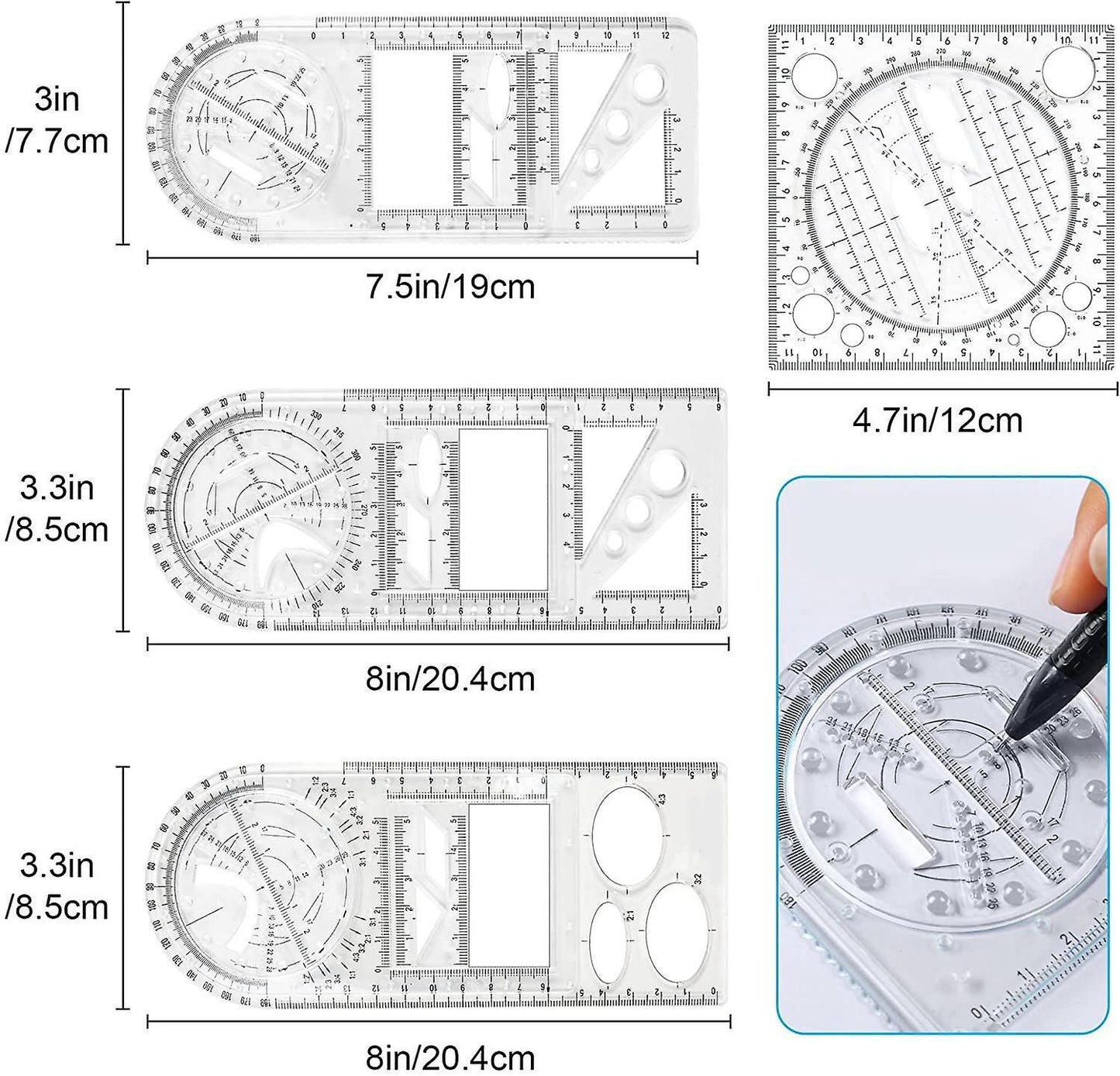 4pcs Multifunctional Geometric Drawing Ruler Measuring Draft Rulers