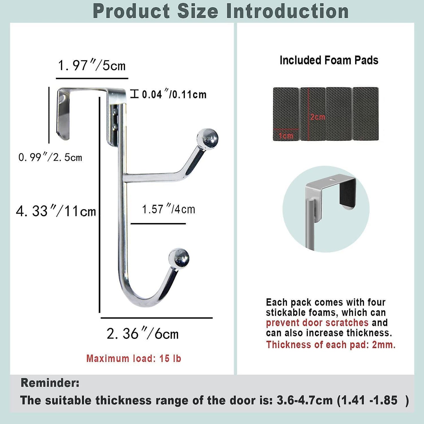 2 Pack Over The Door Hooks Hanger, Sturdy Metal Double Hook, Silver