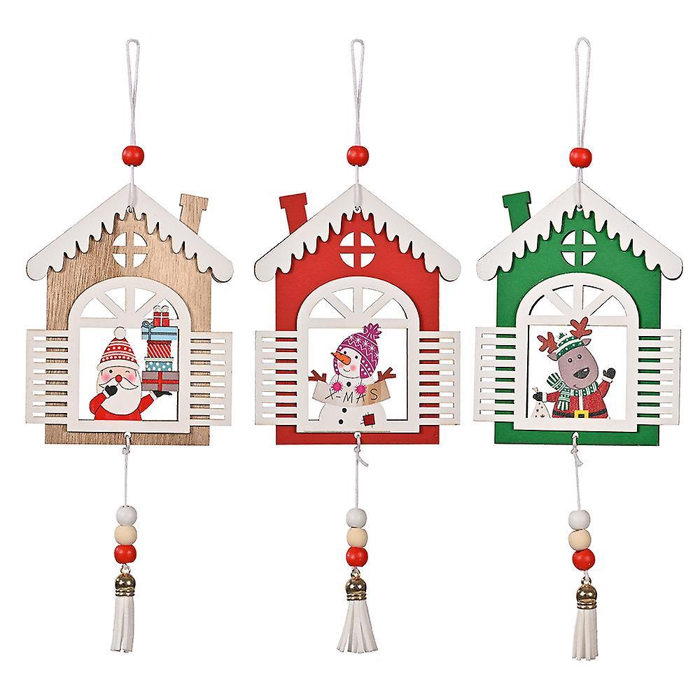 3pcs Christmas Tree Or Room Decoration Tassel House Wooden Pendant