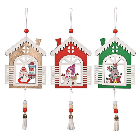 3pcs Christmas Tree Or Room Decoration Tassel House Wooden Pendant