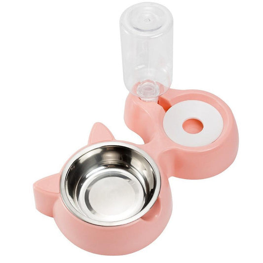 Double Dog Cat Bowls - with Automatic Waterer Bottle Pink