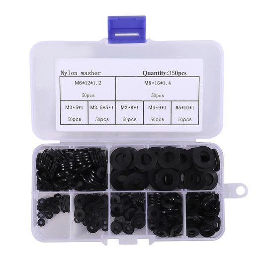Nylon Flat Round Plastic Washer Assortment Kit Black 350pcs