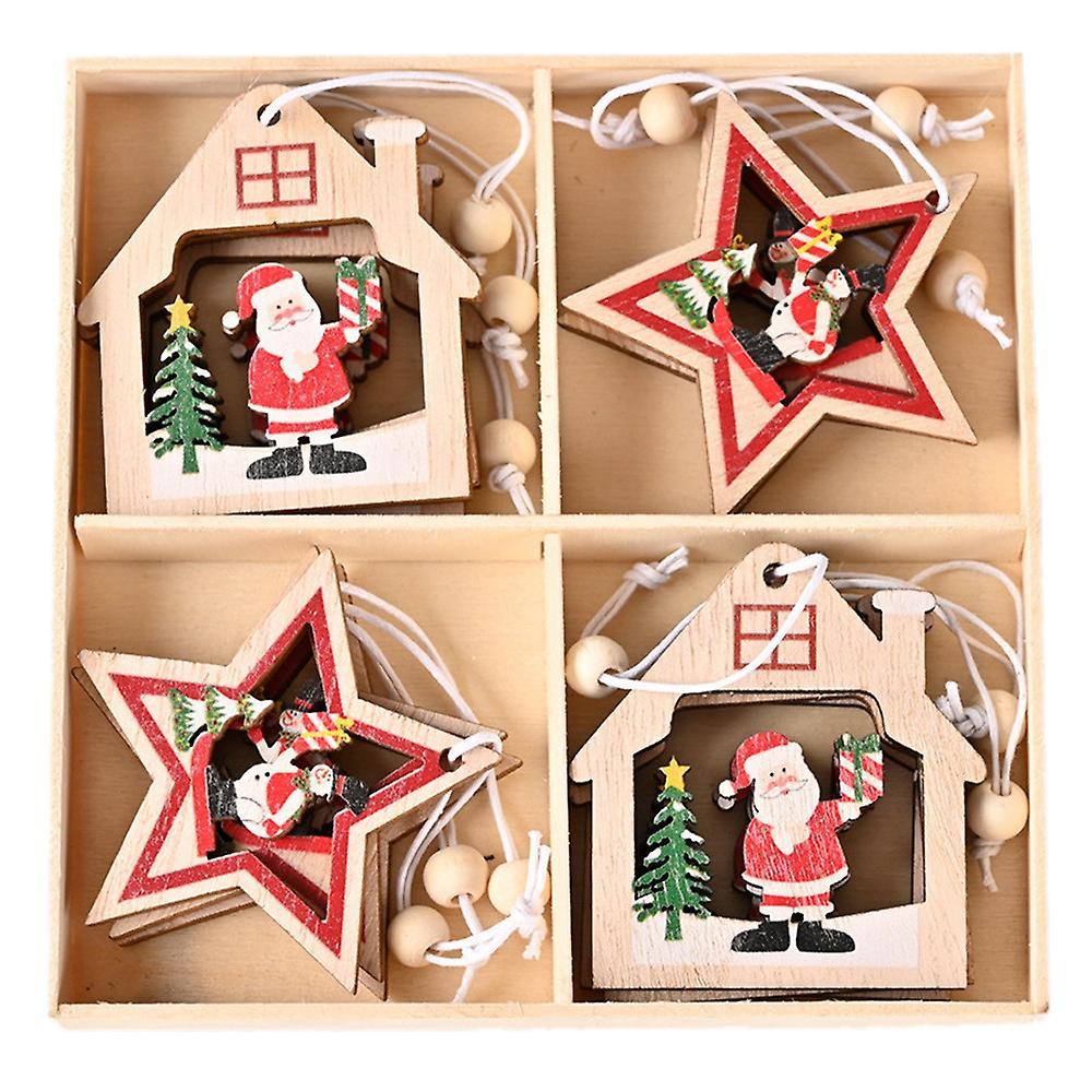Wooden Pendant Santa Claus Snowflake Xmas Tree Ornaments for Home A