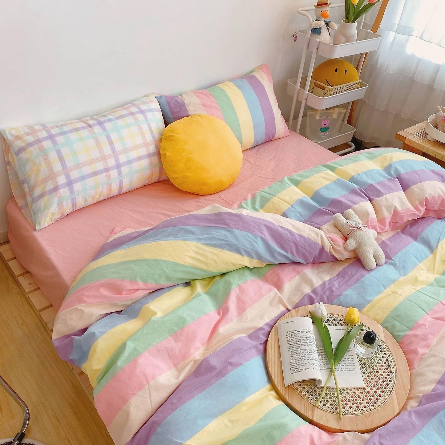 Set Of 4 Colorful Stripes Cover,cotton Rainbow Cute Bedding Set