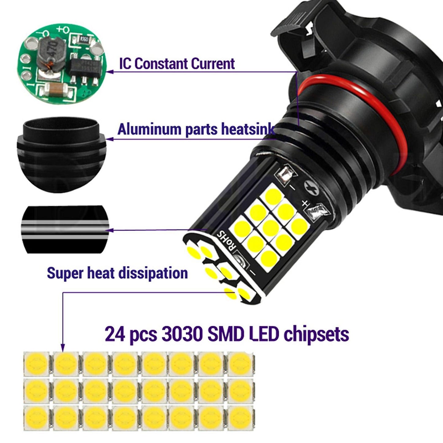 2pcs Fog Light Psx24w H16 Pwy24w Psy24w S19w Led Bulbs 3030 24smd