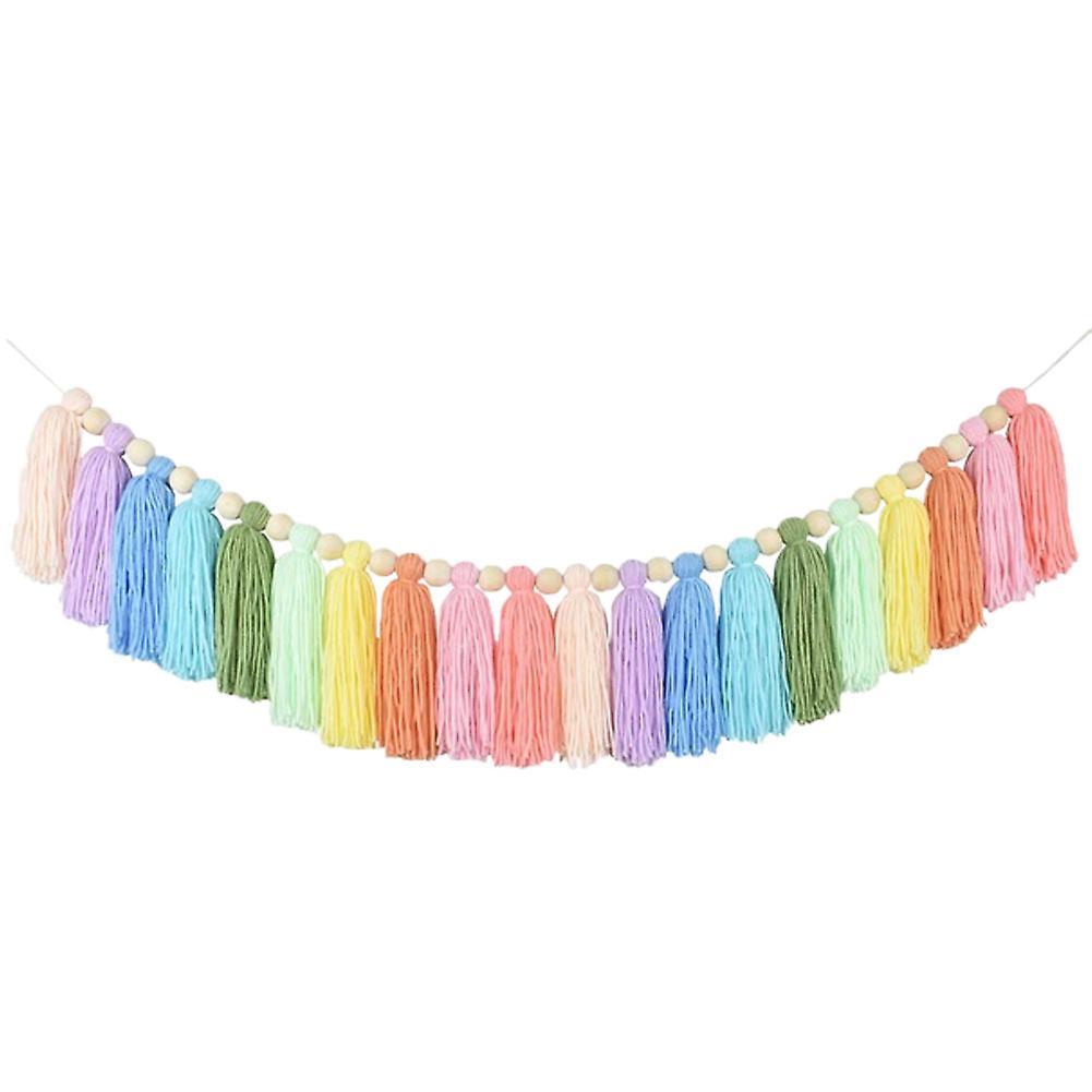37inch Rainbow Tassel Garland with Wood Bead for Bedroom Party Decor