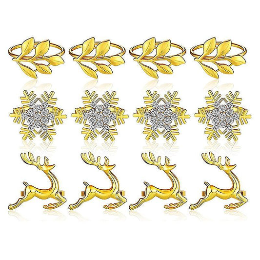 12pcs Napkin Rings, Leaf Napkin Holders Elk Snowflake Table Decor