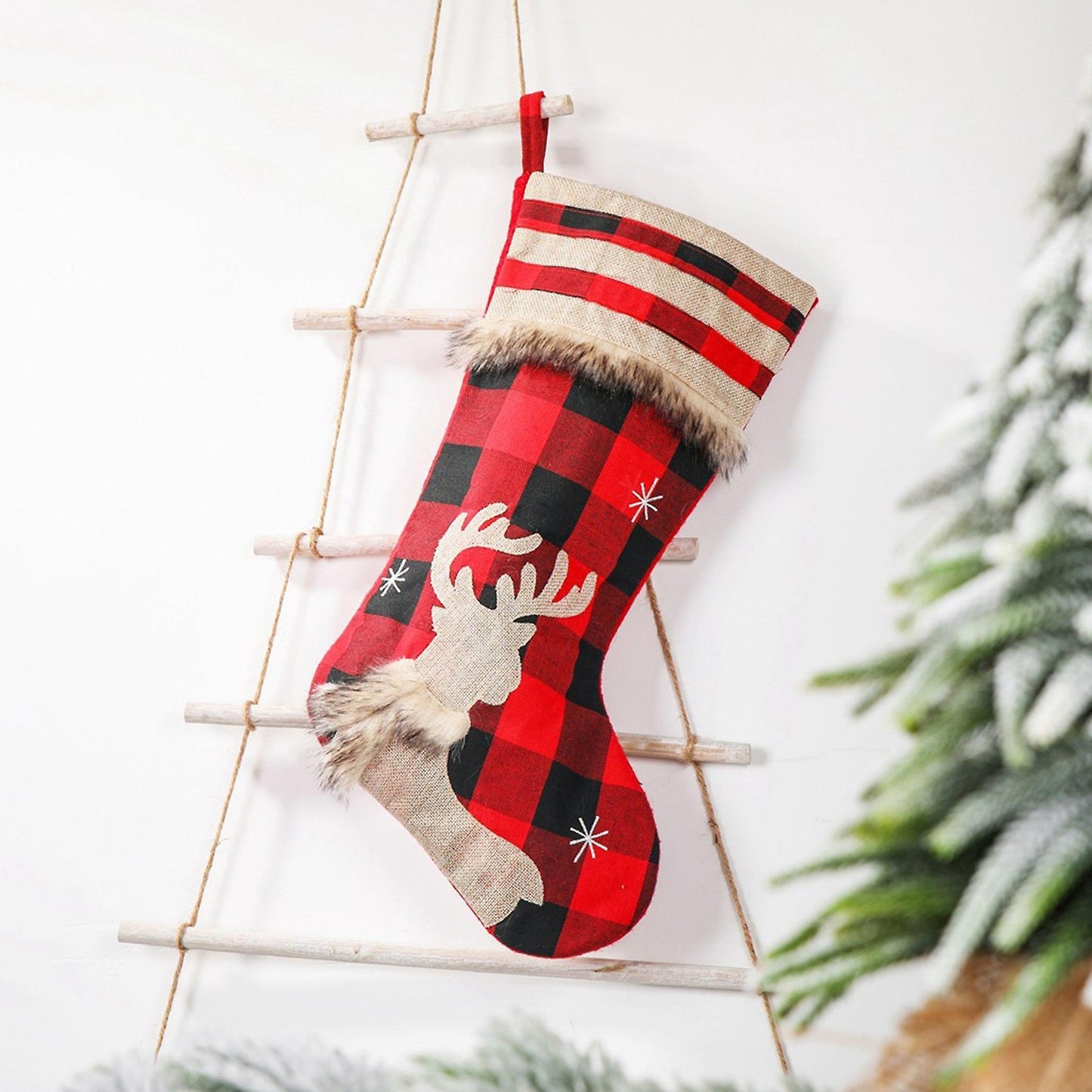 Christmas Home Decor Socks, Red Black Plaid, Gift Bags Santa Claus
