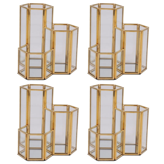 4x Glass Copper Hexagon Composite Pen Holder Makeup Brush Glass Box