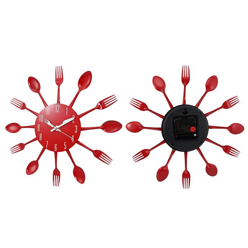 Noiseless Stainless Steel Knife and Fork Spoon Wall Clock Decor Red